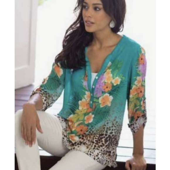 Soft Surroundings Sheer Tunic Floral Animal Print Top Size M - Picture 1 of 6